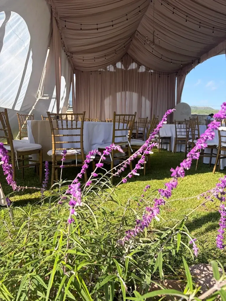 Jardín Verbena event garden in San Miguel de Allende — a tented table setting among purple salvia with mountain views